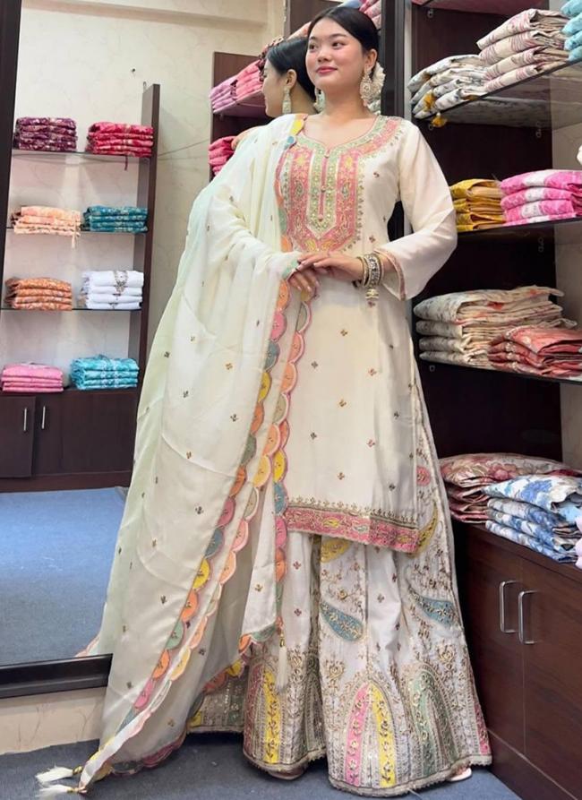 Chinnon Silk White Wedding Wear Embroidery Work Readymade Sharara Suit